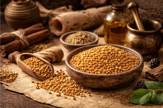 Foenegriek seeds displayed in an ancient setting with spice trade map and traditional tools