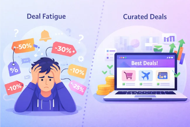 Oncepik illustration showing deal fatigue versus a simplified, organized way to find discounts