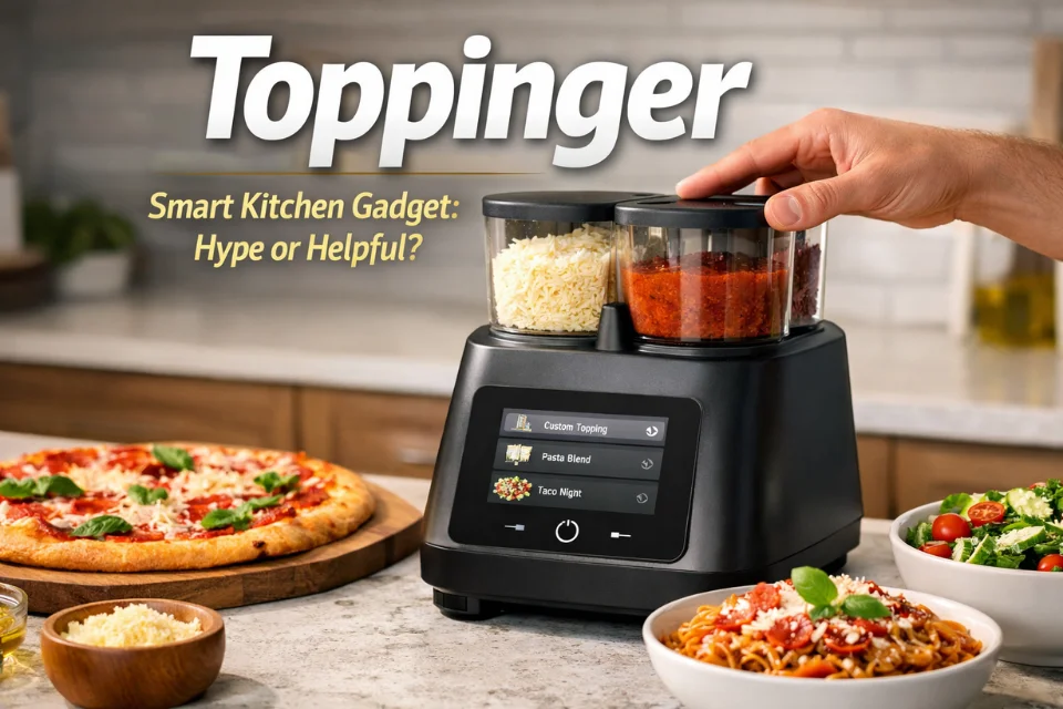 Toppinger smart kitchen gadget applying precise toppings to pizza and pasta in a modern kitchen