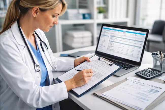 Workers Compensation Services being handled by a female doctor reviewing medical billing forms and insurance claims in a medical office.