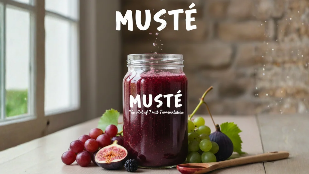Jar of fermented fruit Musté surrounded by grapes and figs on a rustic table
