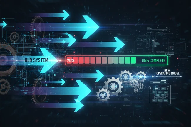Transds concept illustrated with arrows, progress bars, and gears showing transition from an old system to a new operating model.