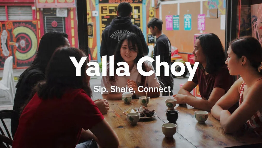 Yalla Choy cultural gathering with friends sharing tea and conversation in a lively café setting