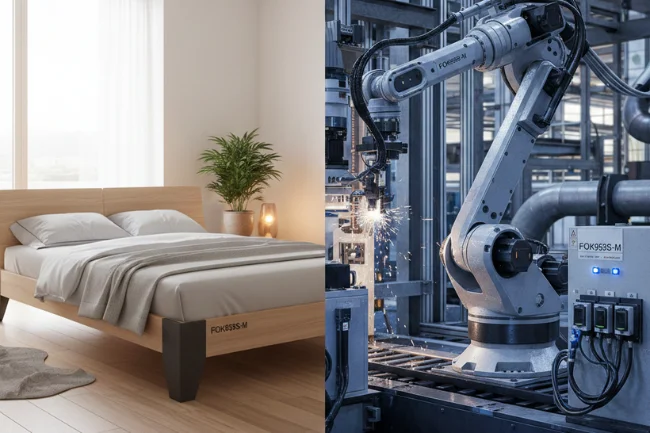 FOK959S-M shown in both a modern bedroom setup and an industrial robotic system to highlight dual-purpose versatility.