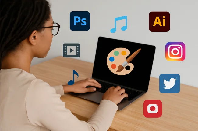 Quartist working on a laptop surrounded by digital creative icons representing design, music, social media, and multimedia tools.