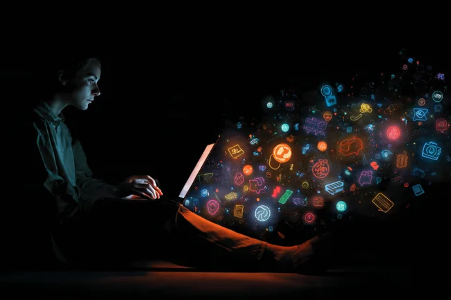Person using a laptop with colorful digital icons flowing out, symbolizing Frehf creativity and digital identity.