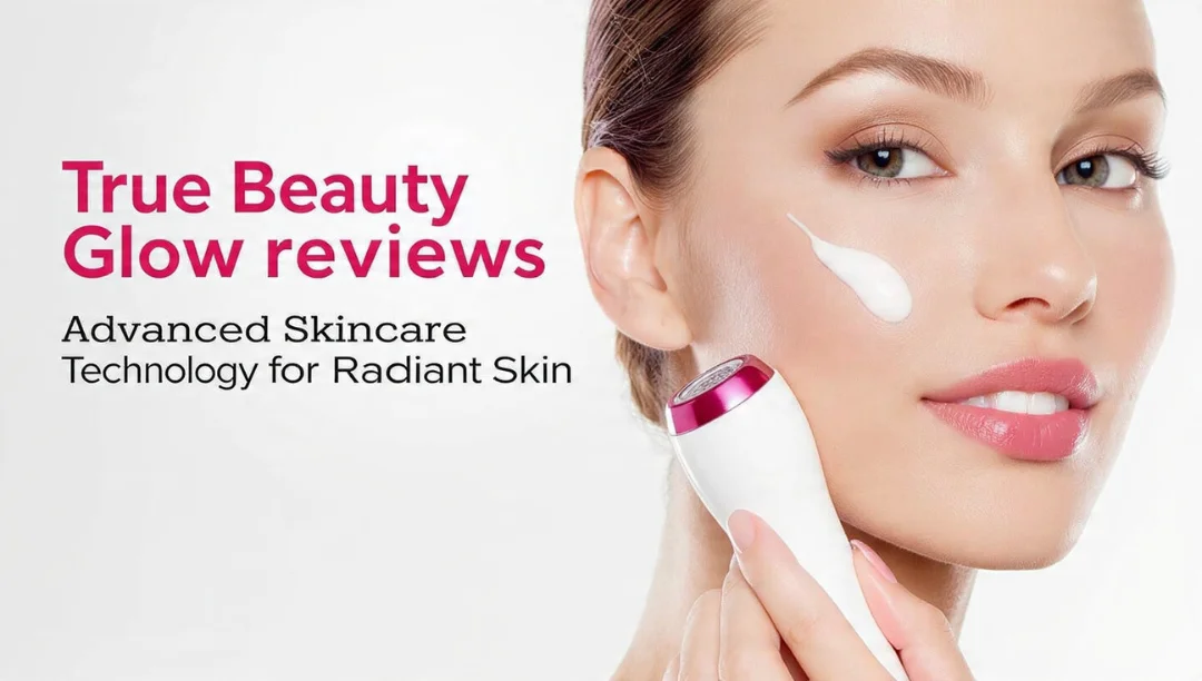 True Beauty Glow reviews image showing a woman using a facial sculpting device with skincare cream