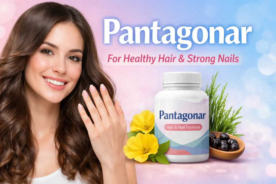 Pantagonar supplement bottle with natural ingredients like saw palmetto and horsetail extract, promoting healthy hair and strong nails.