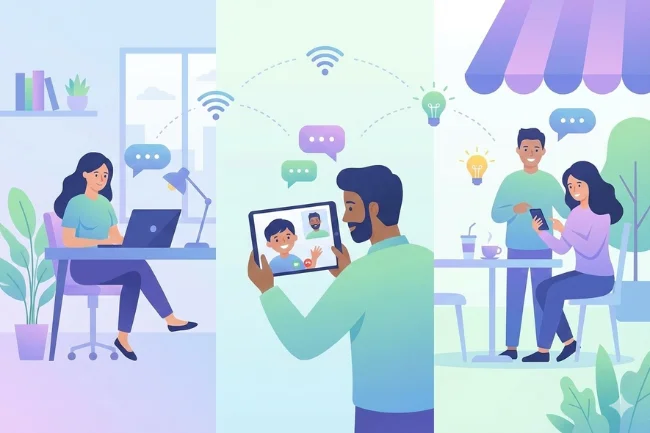 Whatsontech illustration showing people using technology in daily life for work, communication, and learning
