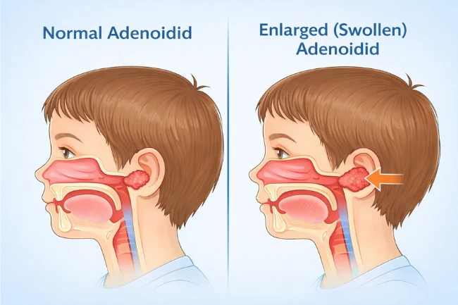 Comparison of normal and enlarged Adenoidid in a child’s nasal and throat anatomy