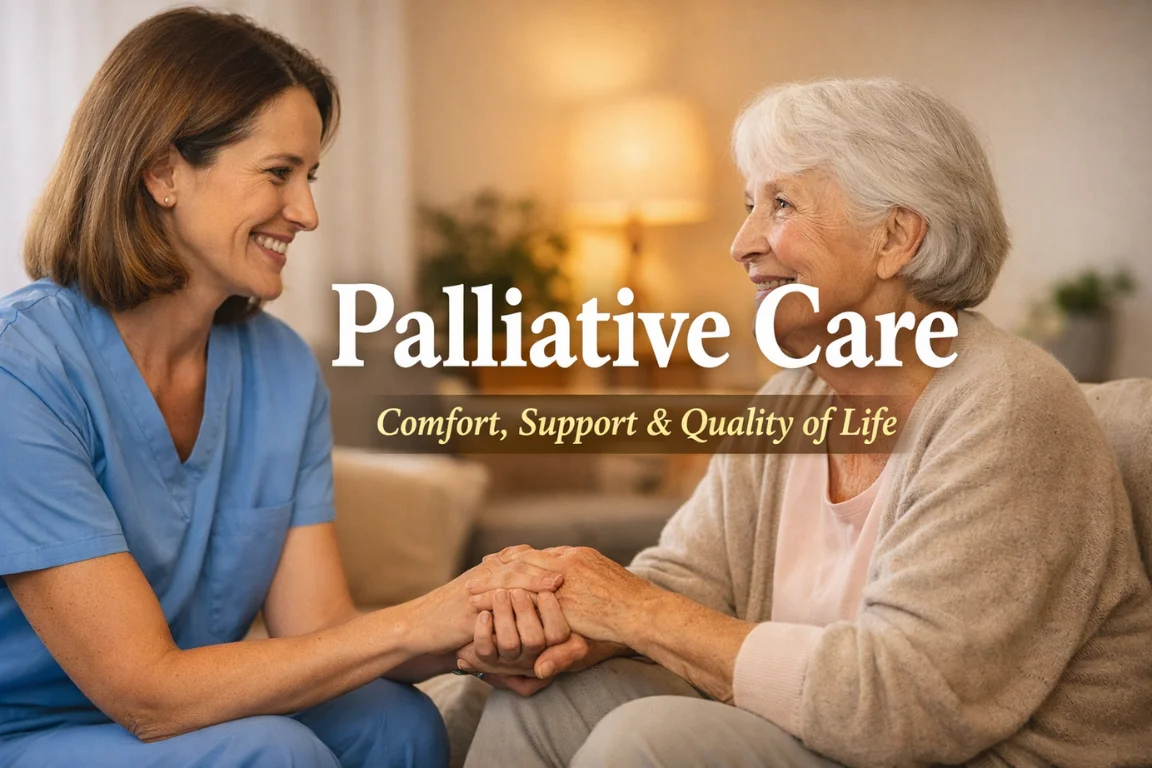 Palliative Care nurse holding hands with an elderly patient, offering comfort and emotional support at home