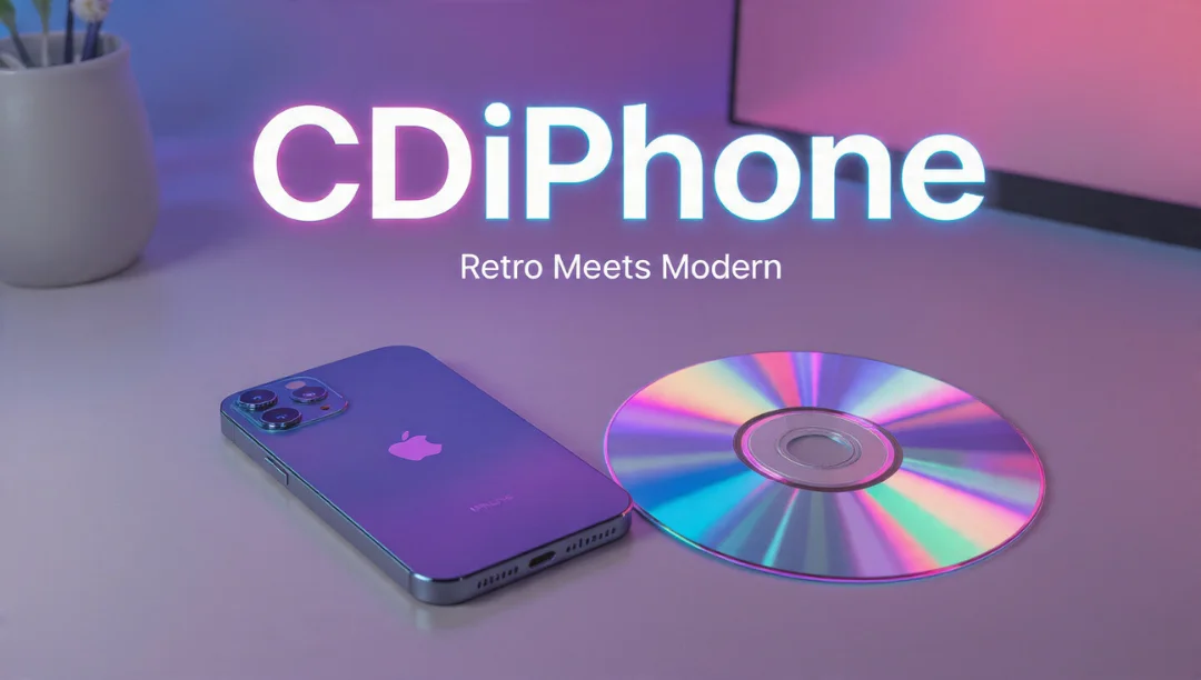 CDiPhone concept image showing an iPhone placed beside a colorful compact disc, representing the blend of retro and modern technology.