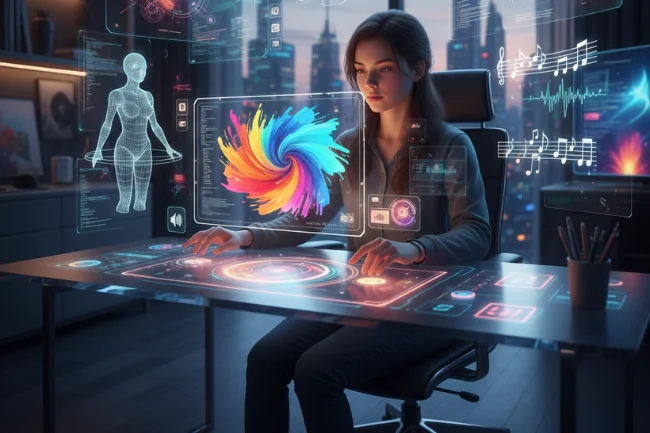 Futuristic Quartist working at a holographic digital workspace surrounded by creative visual, musical, and design interfaces.