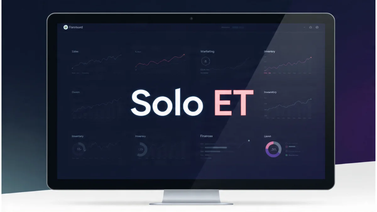 Solo ET dashboard displayed on a modern computer screen showing connected business analytics and unified intelligence.