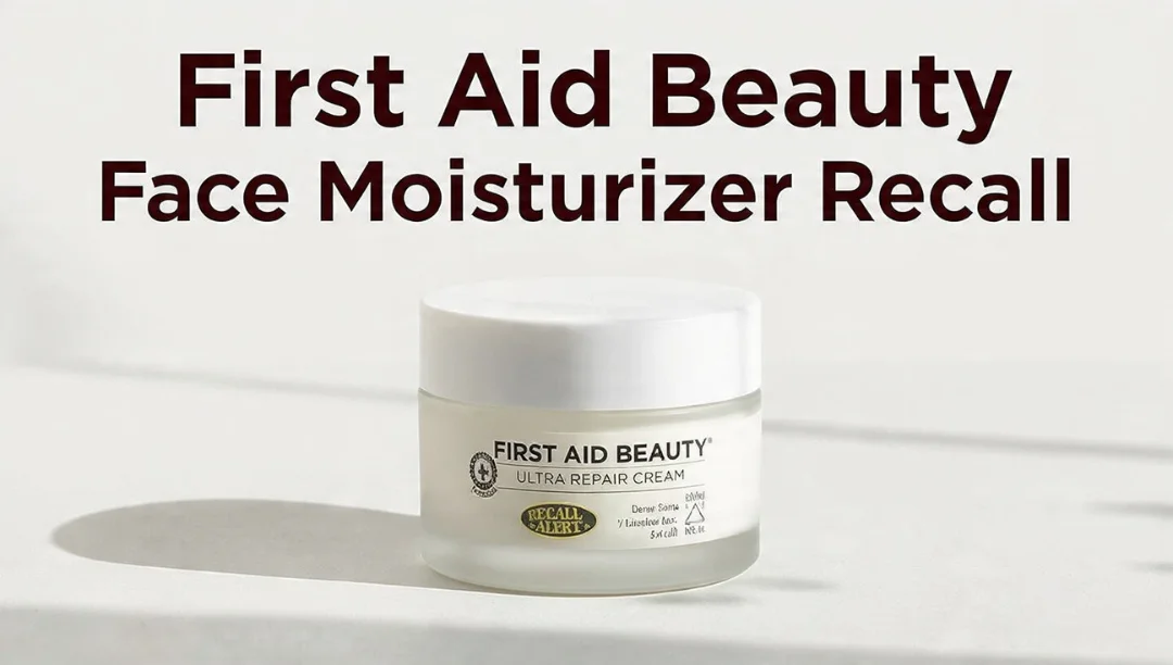 First Aid Beauty Face Moisturizer Recall graphic featuring an Ultra Repair Cream jar with a recall alert label.