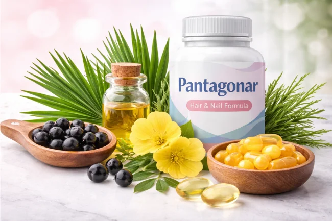 Pantagonar Hair & Nail Formula with natural ingredients like saw palmetto berries, evening primrose flowers, and horsetail extract for healthy hair and nails.