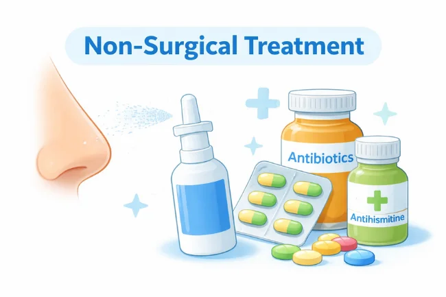 Adenoidid non-surgical treatment showing nasal spray, antihistamines, and antibiotics