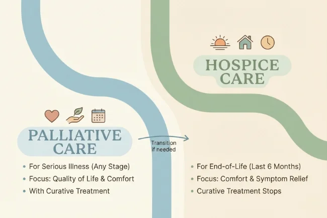 Palliative Care compared with hospice care showing different care paths and timing of support