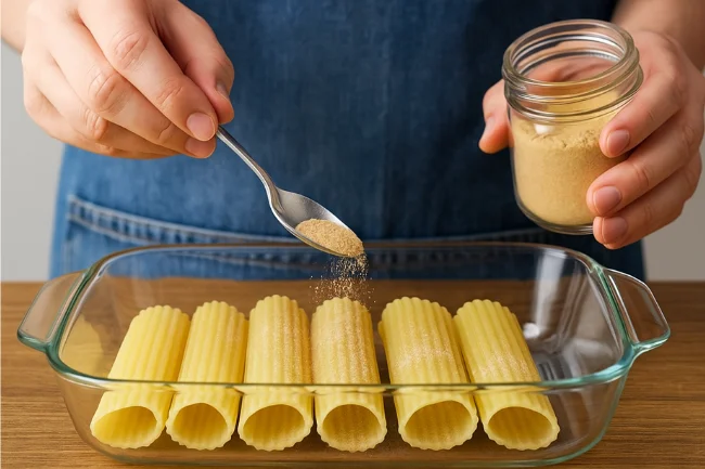 Hands sprinkling Mannacote powder over uncooked manicotti shells in a glass baking dish before stuffing.