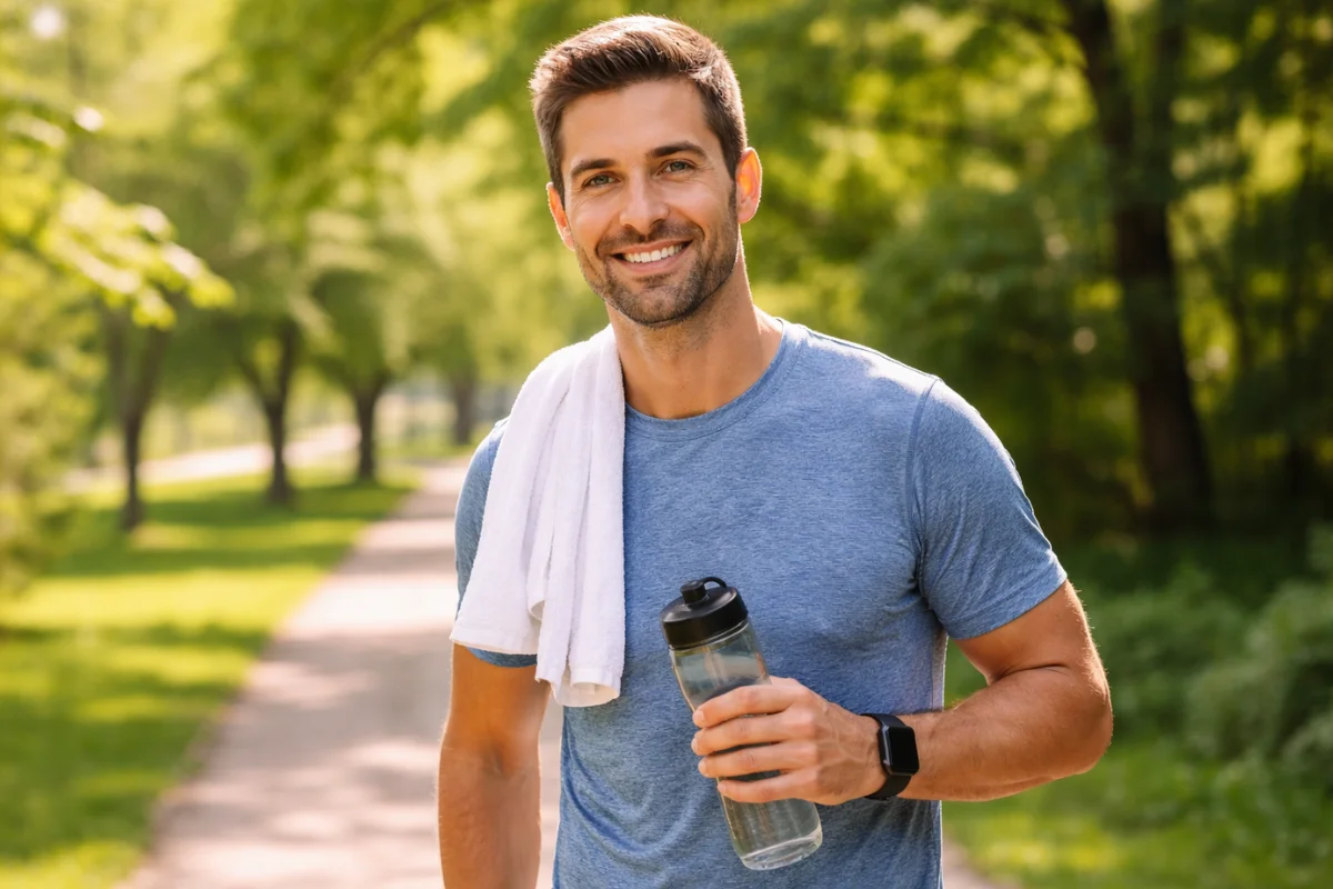 Men’s health tips shown through an active man staying fit outdoors
