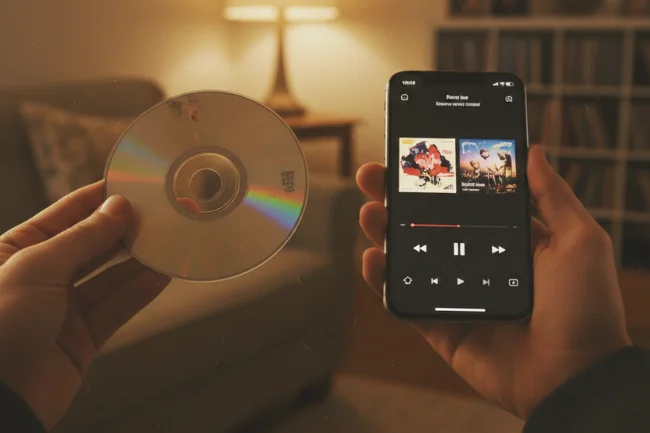 CDiPhone concept showing a person holding a CD in one hand and a smartphone playing digital music in the other.