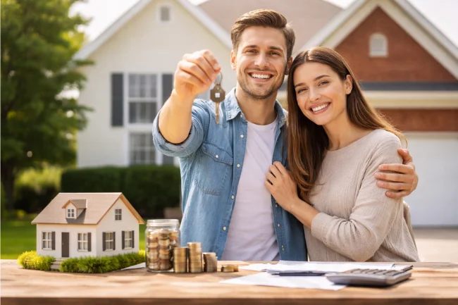 Equity begins with a down payment as new homeowners hold keys in front of their home