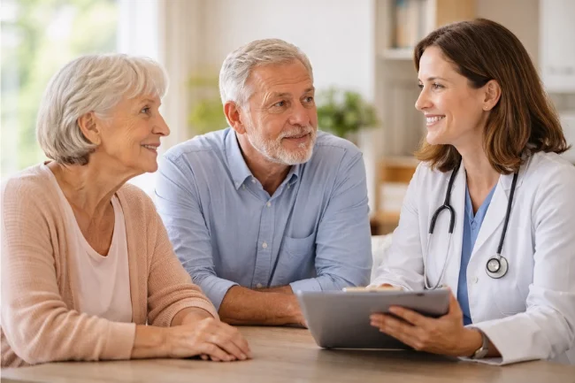 Palliative Care consultation with a doctor speaking calmly with a patient and family about care options
