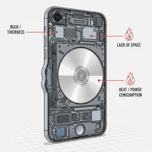 CDiPhone internal cutaway illustration showing a CD-sized optical drive inside a smartphone, highlighting space, heat, and thickness issues.