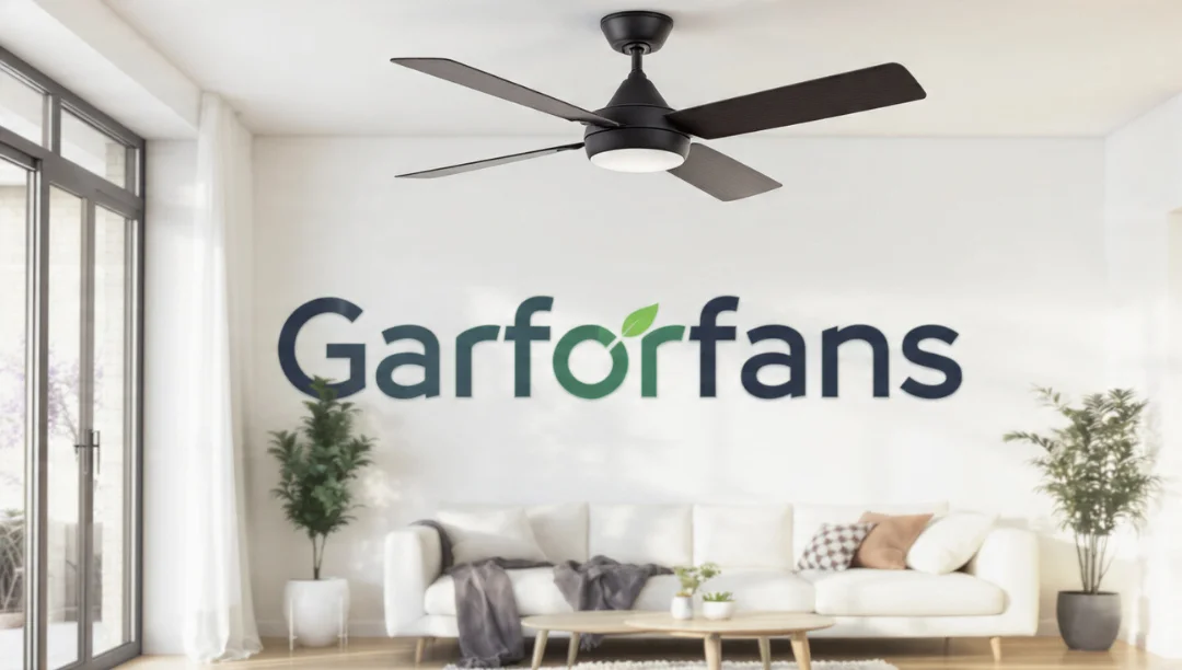Garforfans: A sleek, modern ceiling fan in a stylish living room with natural light and minimalist décor.