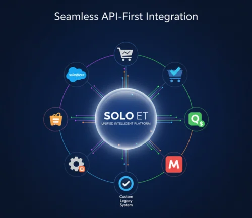 Solo ET integration diagram showing connected apps like Salesforce, eCommerce tools, QuickBooks, and custom legacy systems in a unified API-first platform.