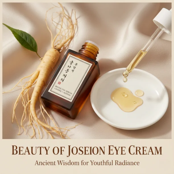 Beauty of Joseon Eye Cream product image featuring ginseng root, serum drops, and a luxurious skincare setup on a satin background.