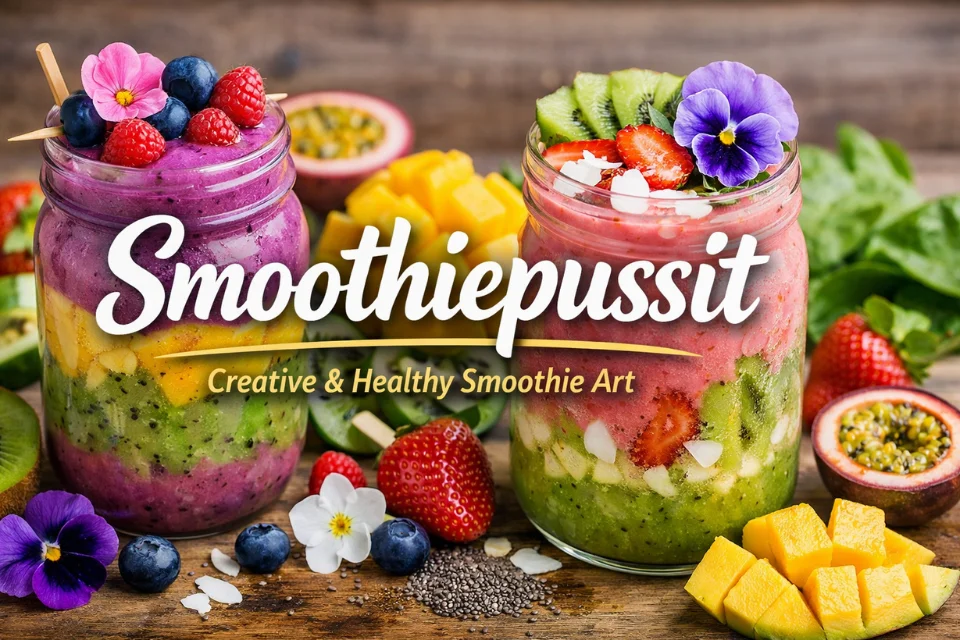 Smoothiepussit - Creative and healthy smoothie art featuring vibrant layered smoothies with fresh fruits, edible flowers, and a rustic backdrop.