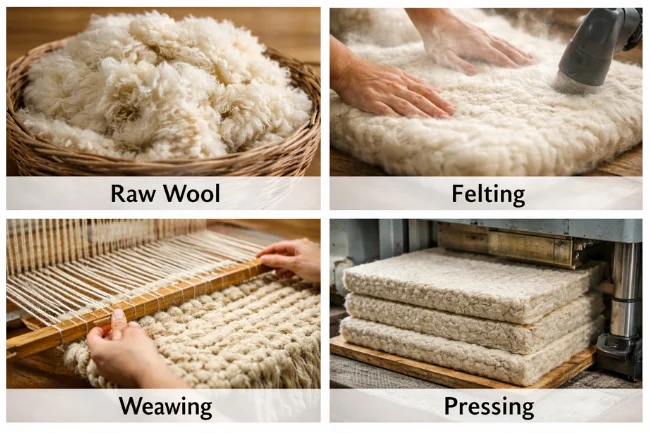 Wollmatten manufacturing process showing wool selection, felting, weaving, and pressing techniques