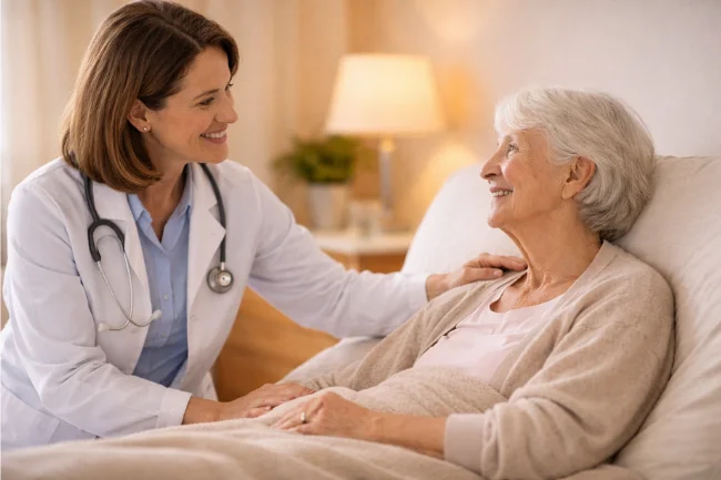 Healthcare professional gently checking on a patient to manage symptoms and improve comfort