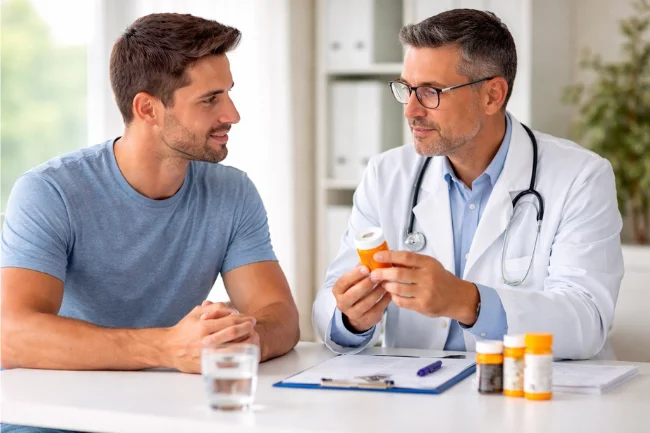 Men’s health tips illustrated by a doctor explaining medication options to a male patient