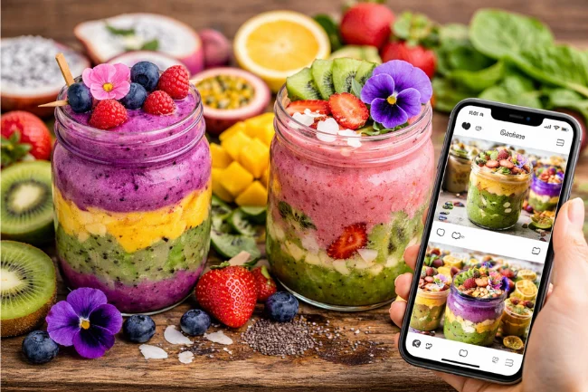 Smoothiepussit - A vibrant, layered smoothie with colorful fruits, topped with edible flowers, and accompanied by a smartphone displaying smoothie art from Instagram.