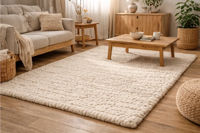Wollmatten wool rug used in a cozy residential living room interior