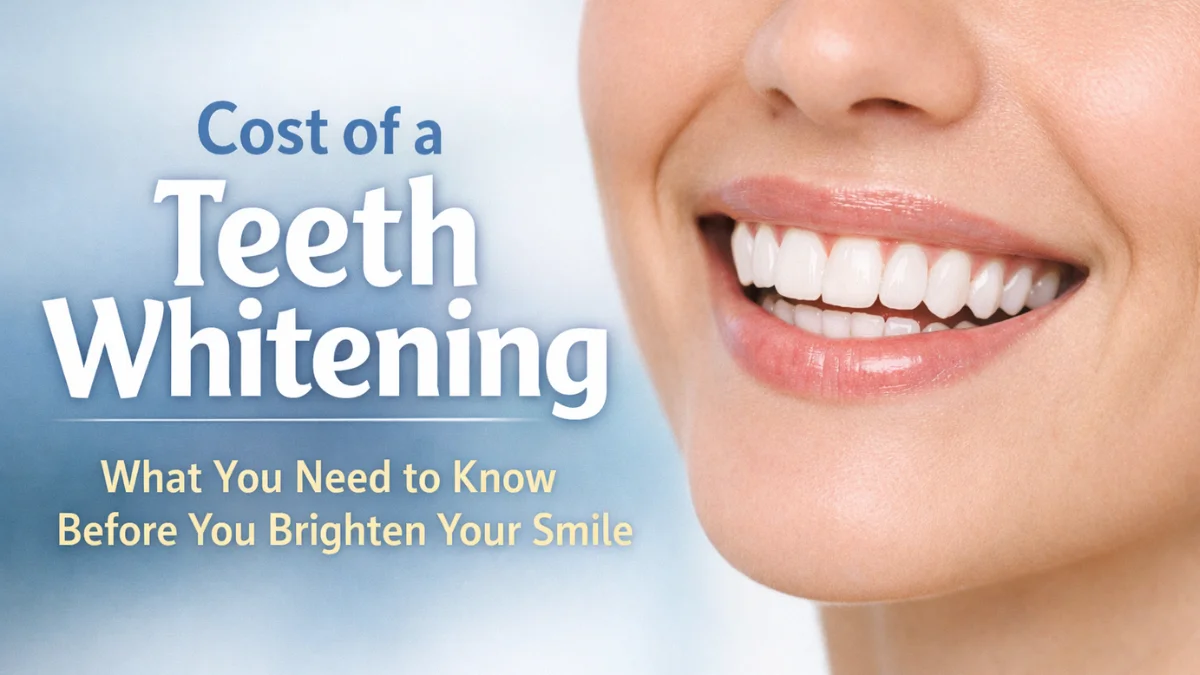 Cost of a teeth whitening shown with a close-up of a bright white smile and professional dental aesthetics
