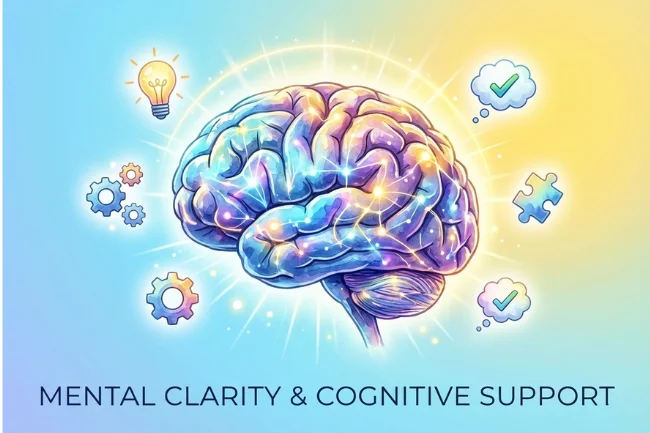An illustration of a human brain with glowing neural activity, highlighting the cognitive support provided by Vitamin E.