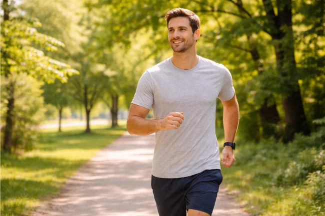 Men’s health tips illustrated by a man staying active with simple daily exercise