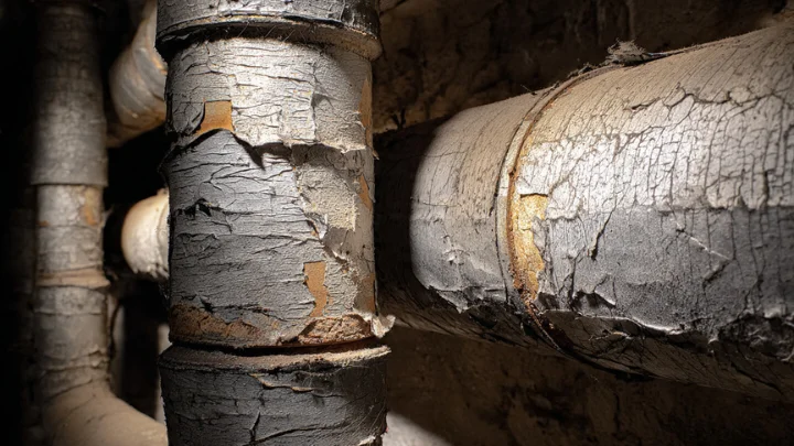 Asbestlint on old deteriorating pipe insulation in a dark basement
