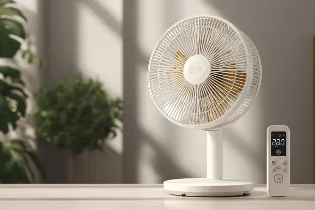 Garforfans: A sleek, white standing fan with a remote control, set in a bright room with natural light and greenery.