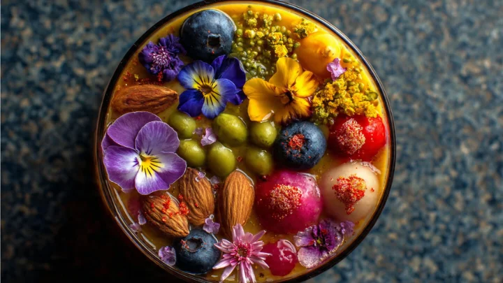 Smoothiepussit – A stunning smoothie topped with vibrant edible flowers, berries, pistachios, almonds, and other colorful ingredients in a beautifully arranged bowl.