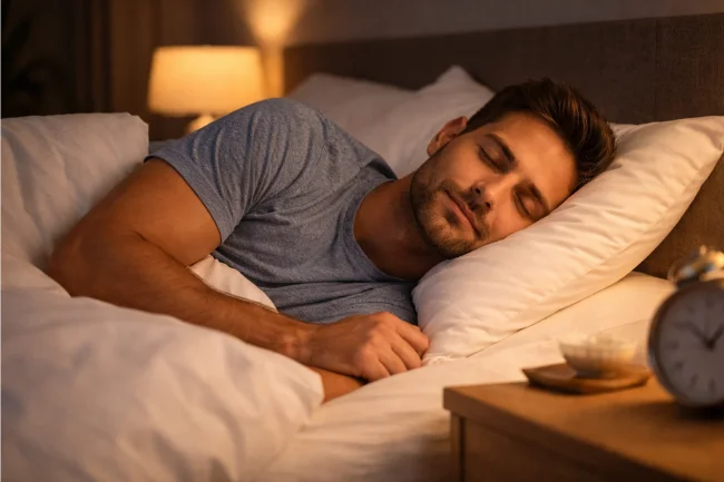 Man sleeping peacefully in a calm bedroom environment
