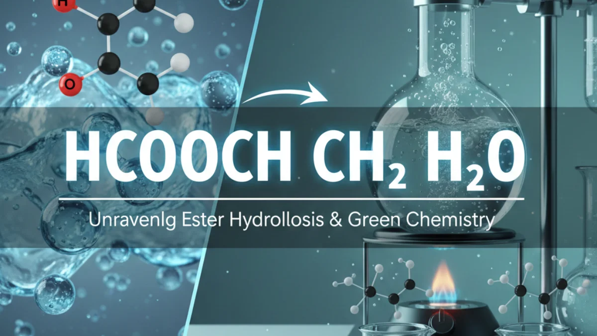 Diagram explaining the chemical notation HCOOCH CH2 H2O and ester hydrolysis.