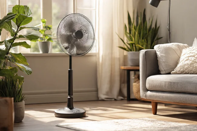 Garforfans: A sleek standing fan in a modern living room with natural light and greenery.