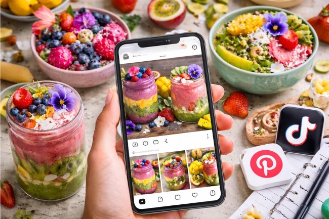 A vibrant display of artistic smoothie bowls and jars, captured in a digital photo showing colorful layered smoothies with fresh fruits, edible flowers, and a social media feed on a smartphone.