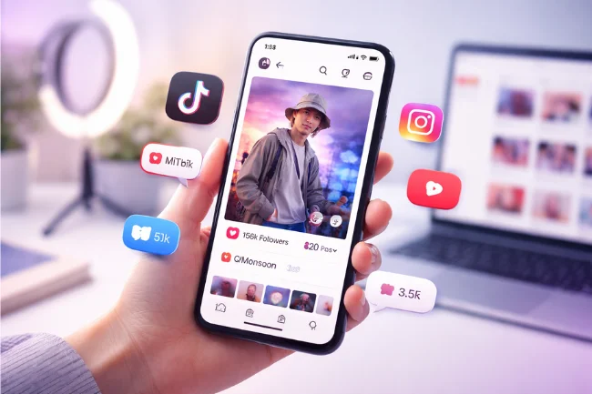 CJMonsoon social media persona displayed on a smartphone with engagement icons and creator workspace