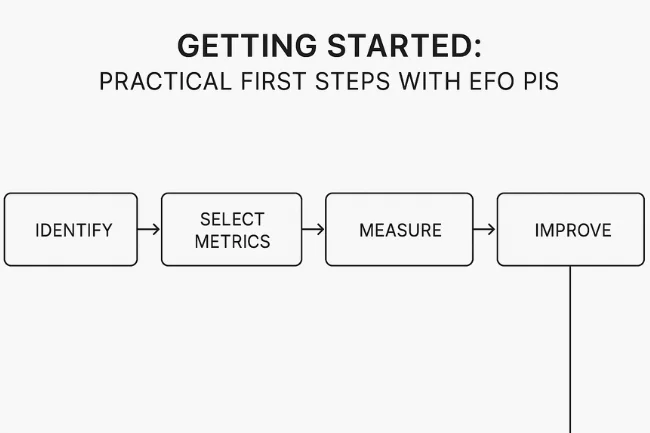 Step-by-step process diagram showing how to begin implementing Eo PIS with identify, select metrics, measure, and improve stages.