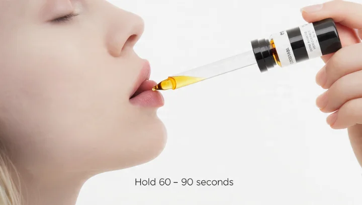 Huile CBD Hollyweed oil being taken sublingually under the tongue for fast absorption